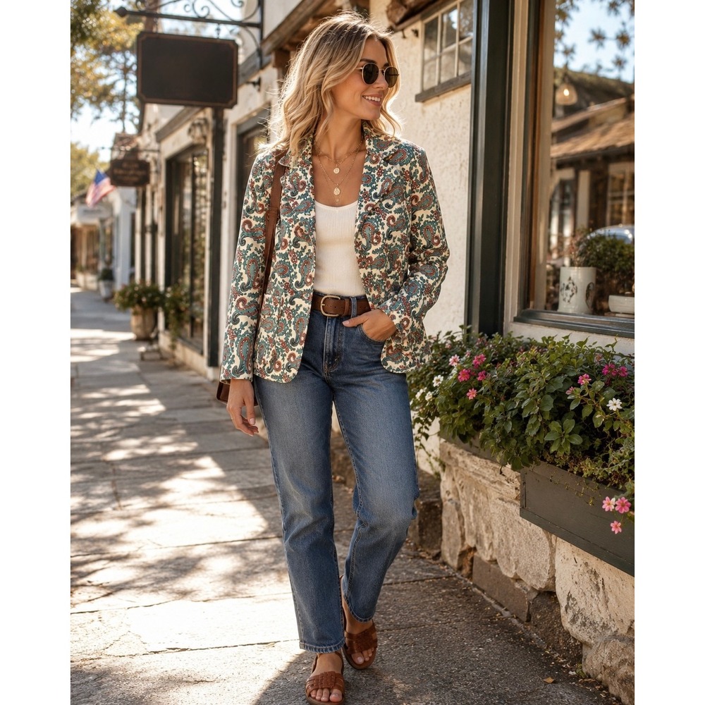 Vintage 70s Rhodes California Paisley Jacket Womens M Cream Teal Boho Blazer‎